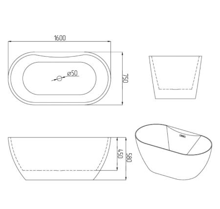 Ванна пристенная Grossman Classic GR-12501-1 (160х75х58),со смесителем на борту ,1 место