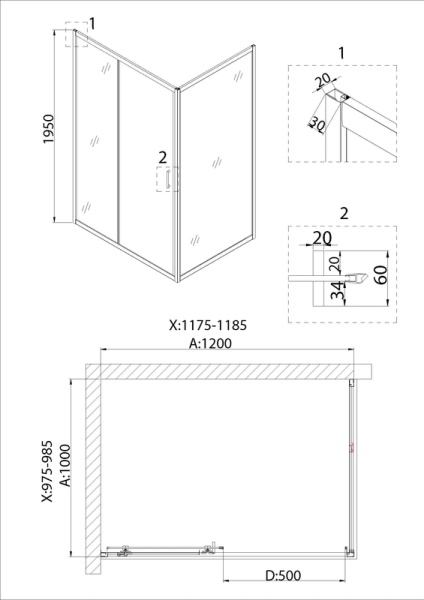 Душевое ограждение Niagara Nova NG-82-12AB-A100B (120х100х195) прямоугольник,черный, дверь раздвижная,стекло прозрачное,2 места