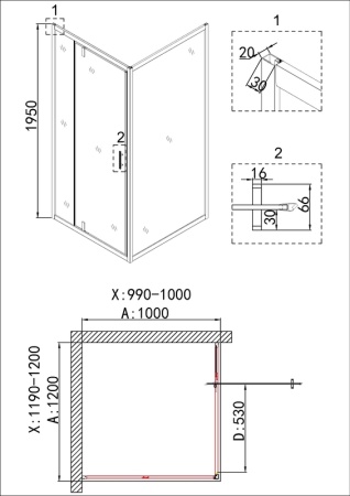 Душевое ограждение Niagara Nova NG-43-12AG-A100G (120х100х195) прямоугольник,золото,двери распашные,стекло прозрачное,2 места