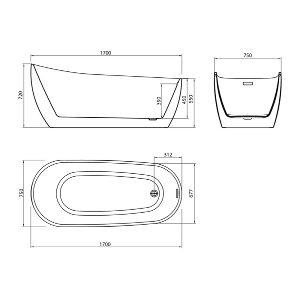 Ванна отдельностоящая Grossman Galaxy GR-1403 (170х75х72) цвет белый,1 место