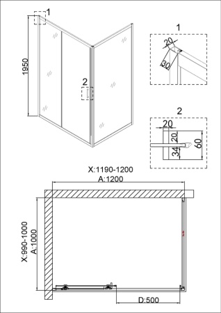 Душевое ограждение Niagara Nova NG-42-12AG-A100G (120х100х195) прямоугольник,золото,двери раздвижные,стекло прозрачное,2 места