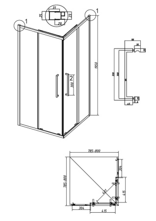 Душевое ограждение Grossman Cosmo 300.K33.02.8080.42.00 (80х80х195) квадрат,раздвижная,графит сатин,стекло прозрачное, 1 место