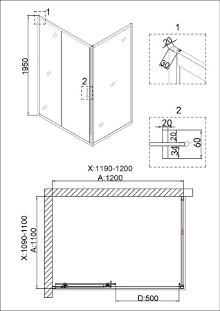 Душевое ограждение Niagara Nova NG-42-12AG-A110G (120х110х195) прямоугольник,золото,двери раздвижные,стекло прозрачное,2 места