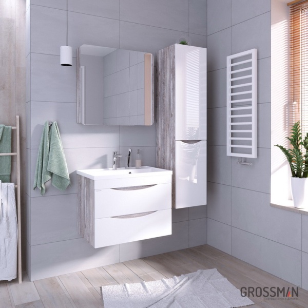 Тумба подвесная Grossman ТАЛИС-70 см с 2-я ящиками бетон пайн/белый глянец