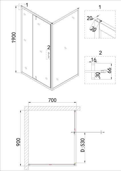 Душевое ограждение Niagara Nova NG-83-9AB-A70B 90x70x195 прямоугольник, дверь распашная