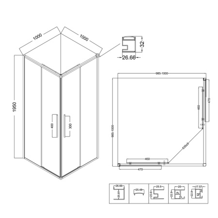 Душевое ограждение Niagara Nova NG-6824-34ВLACK (100х100х195) квадрат,черный матовый,двери раздвижные,стекло прозрачное,1 место