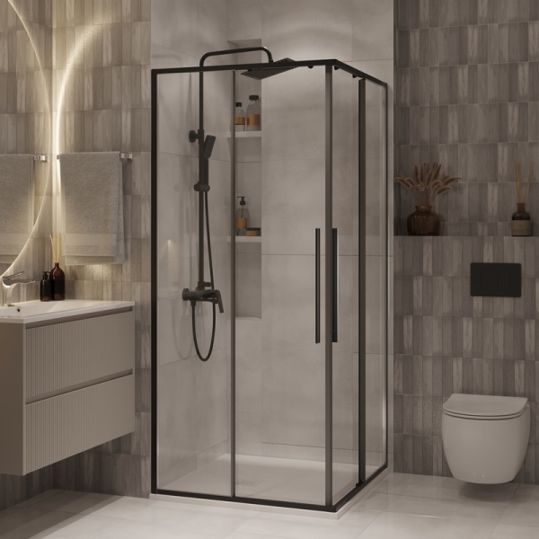 Душевое ограждение Niagara Nova NG-6822-34ВLACK (80х80х195) квадрат,черный матовый,двери раздвижные,стекло прозрачное,1 место