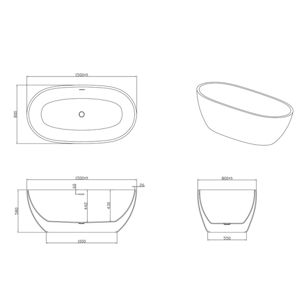 Ванна отдельностоящая Grossman Classic GR-2403M (150х78х58) цвет белый матовый,1 место