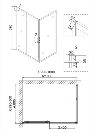 Душевое ограждение Niagara Nova NG-42-10AG-A80G (100х80х195) прямоугольник,золото,двери раздвижные,стекло прозрачное,2 места
