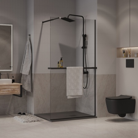 Душевая перегородка Niagara Nova NG-670-12ВLACK (120х195) черный матовый,стекло прозрачное,с полкой,1 место