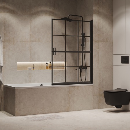 Шторка для ванны Niagara Nova NG-08-10BLACK (100х140) черный матовый,стекло прозрачное с рисунком,распашная,1 место