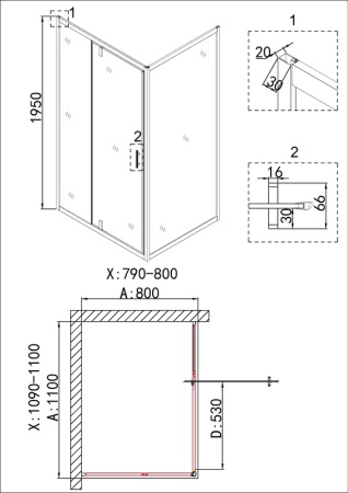 Душевое ограждение Niagara Nova NG-43-11AG-A80G (110х80х195) прямоугольник,золото,двери распашные,стекло прозрачное,2 места