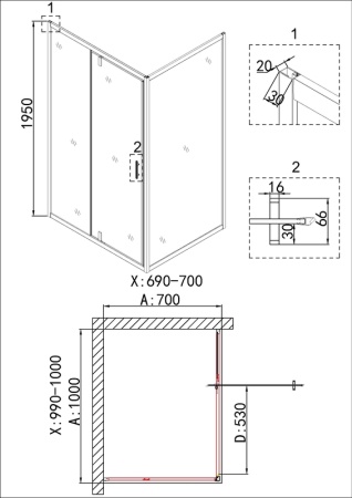 Душевое ограждение Niagara Nova NG-43-10AG-A70G (100х70х195) прямоугольник,золото,двери распашные,стекло прозрачное,2 места