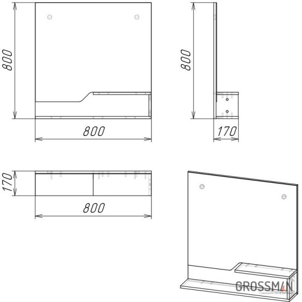 Зеркало Grossman ЛАЙФ-80 см с полками винтажное дерево темное/графит