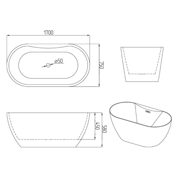 Ванна пристенная Grossman Classic GR-12502-1 (170х75х58) со смесителем на борту,1 место